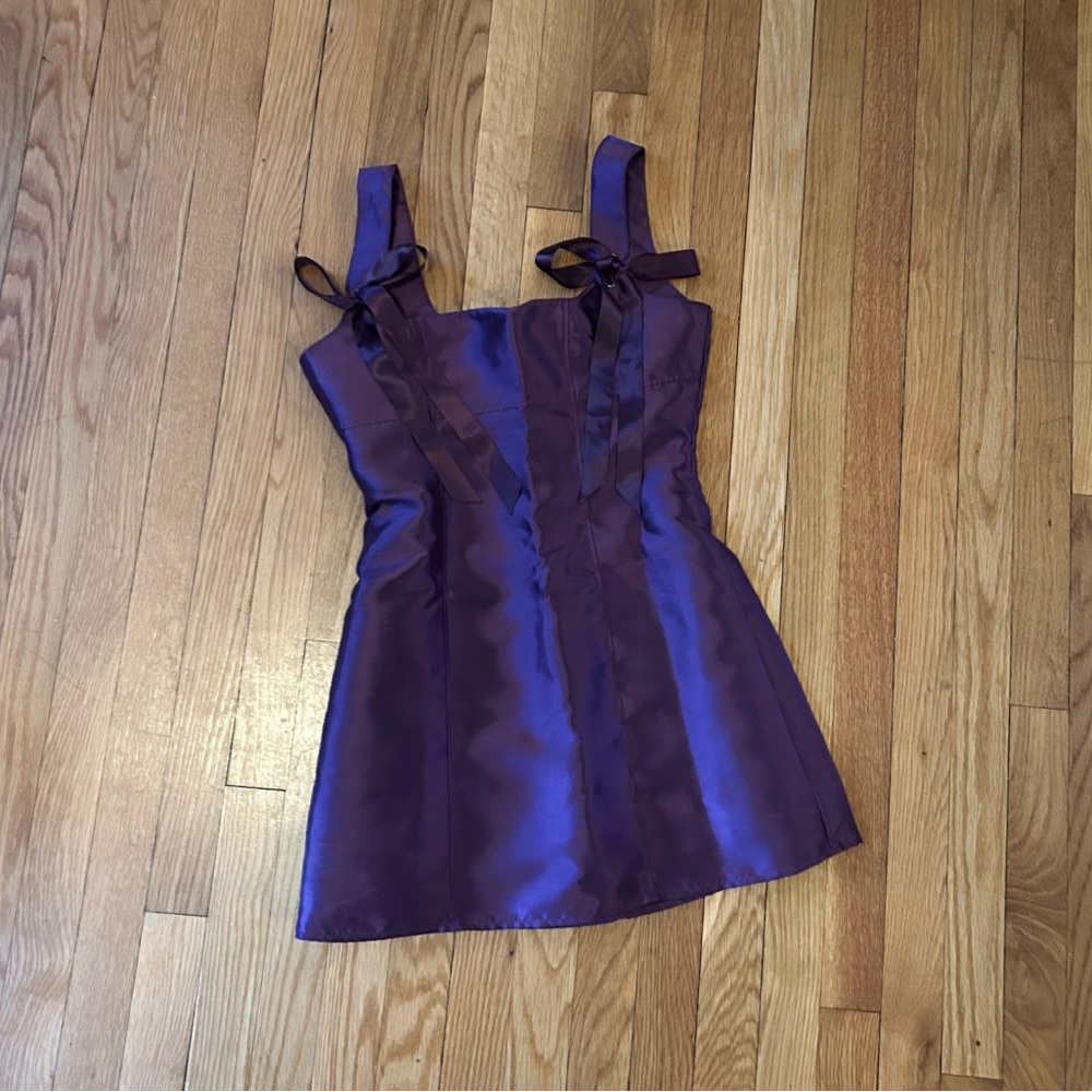 DONATING SOON Purple Satin Mini Dress with Bow Straps from Dolls Kill